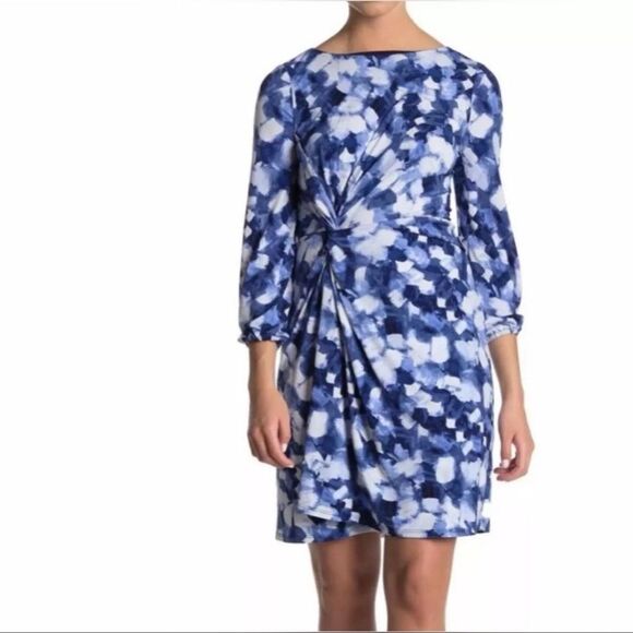 London Times Dresses & Skirts - London Times Petites Blue Abstract Print Knot Front Dress – Size 4P